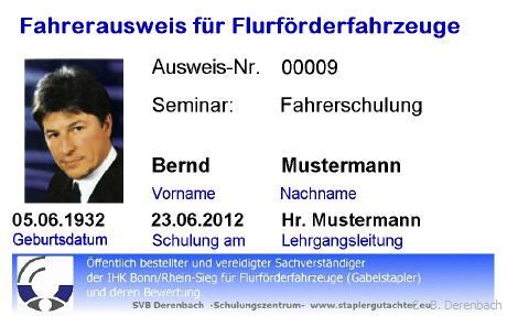 Vorderseite Staplerschein im Kartenformat Muster Frontseite Staplerschein